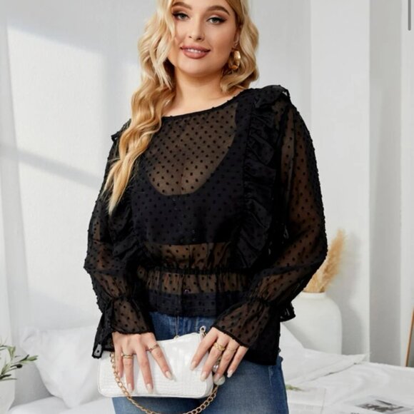 Black Sheer Swiss Dot Ruffle Trim Flounce Sleeve Top - Picture 2 of 13
